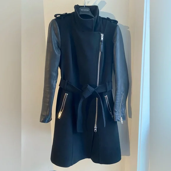 MACKAGE BLACK WOOL/LEATHER BELTED COAT - Picture 4 of 15